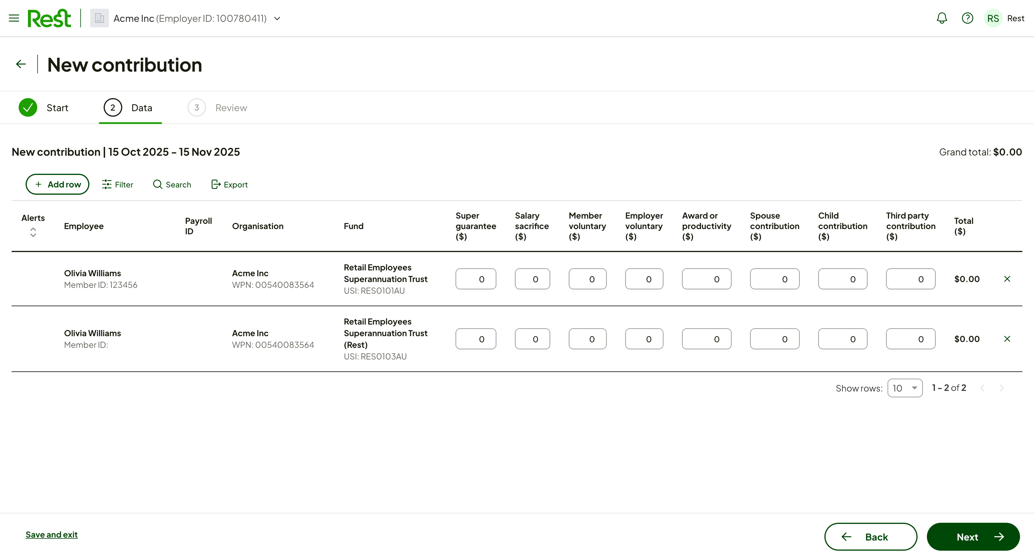 Manual Contribution Grid - Displaying multiple funds – Rest